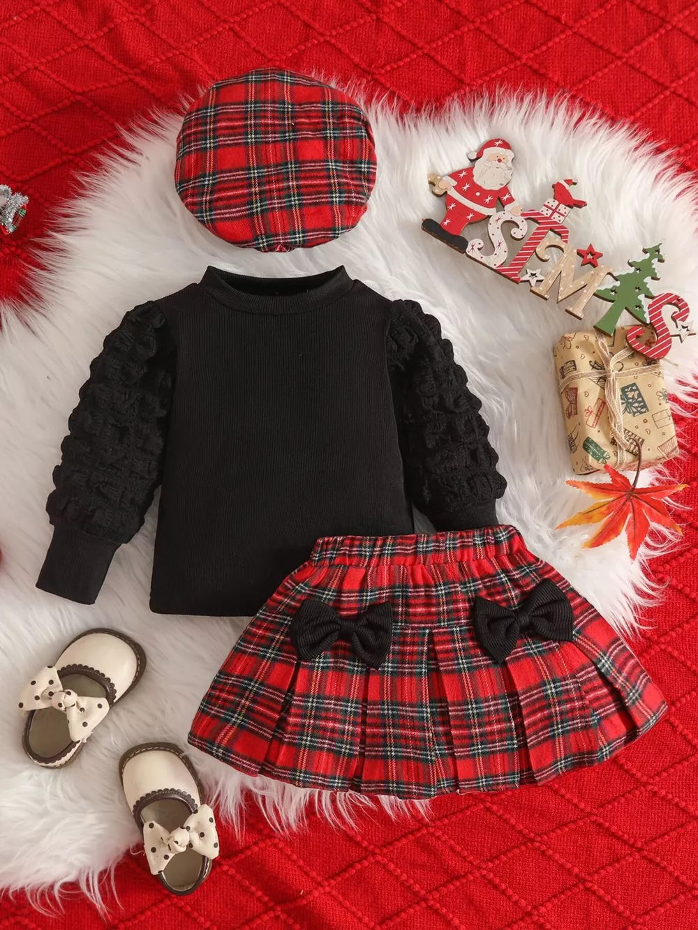 Children's Puff Sleeve Top and Plaid Skirt Set with Hat, image 2