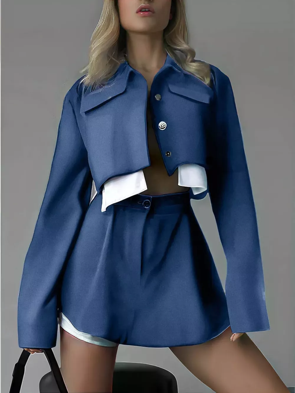 Button Up Cropped Jacket and Mini Skirt Set, image 2