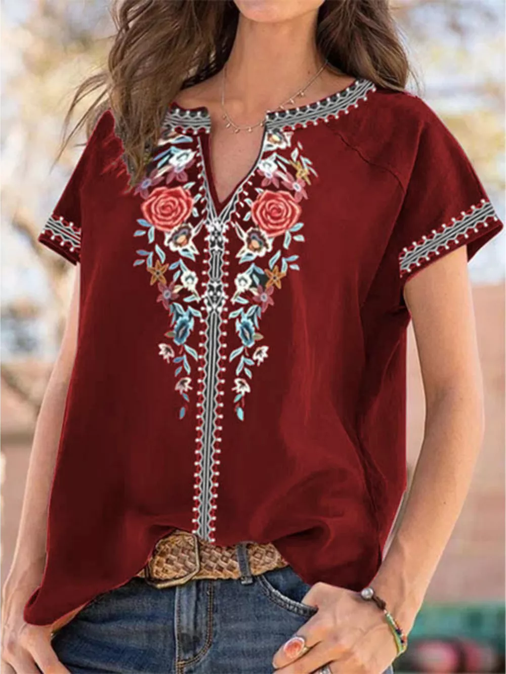 Full Size Floral Notched Short Sleeve Blouse Plus Size, image 13