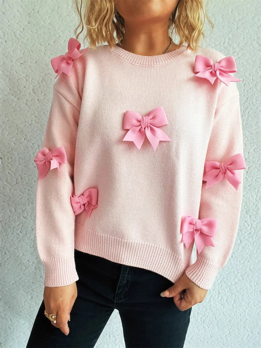 Bow Round Neck Long Sleeve Sweater, image 7