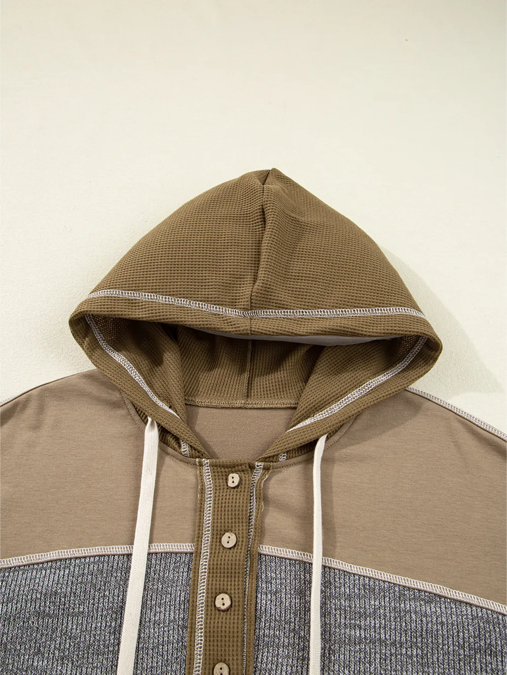 Mixed Texture Patchwork Exposed Seam Half Button Hoodie, image 8