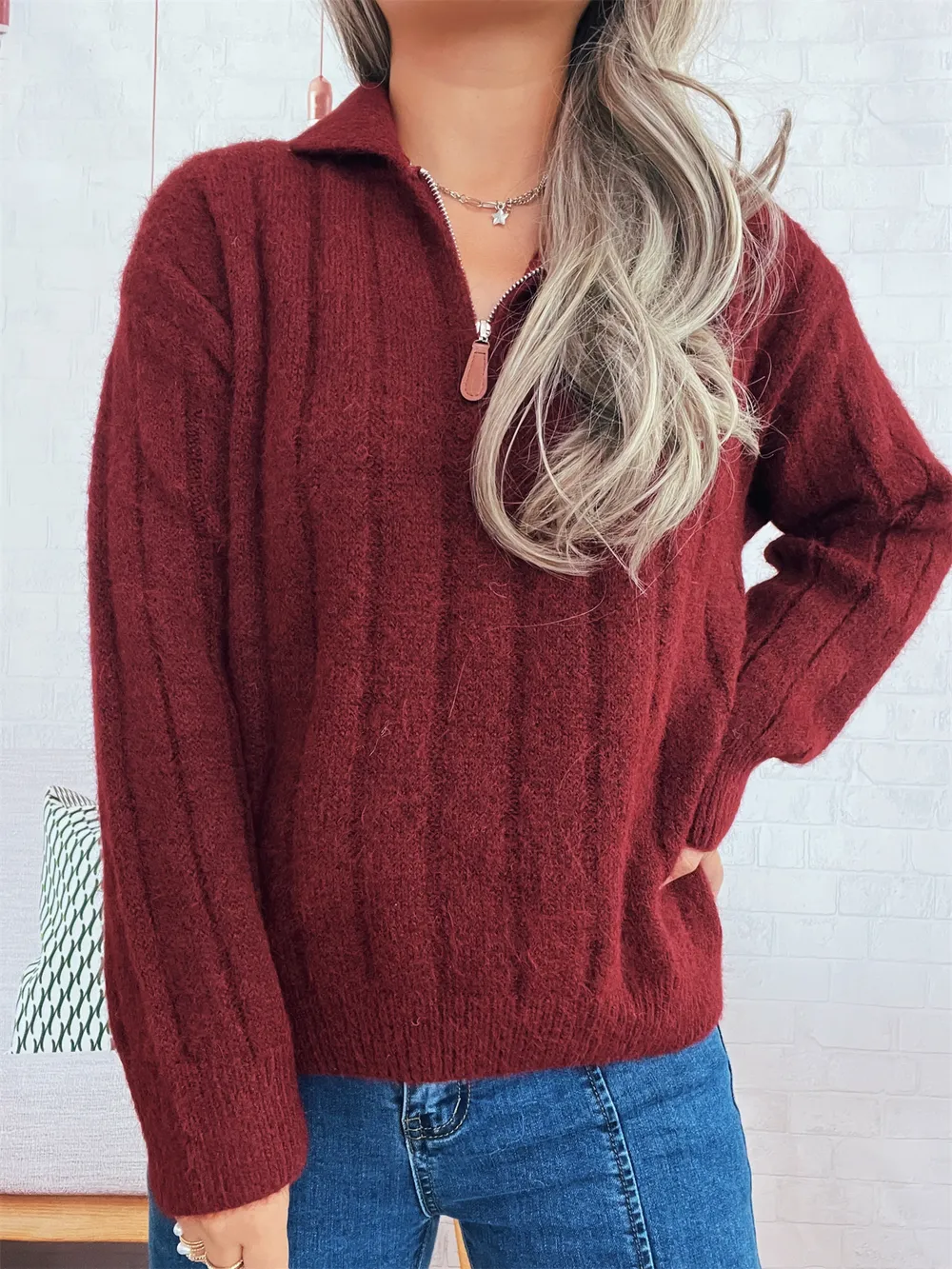Ribbed Hem Quarter Zip Sweater, image 12