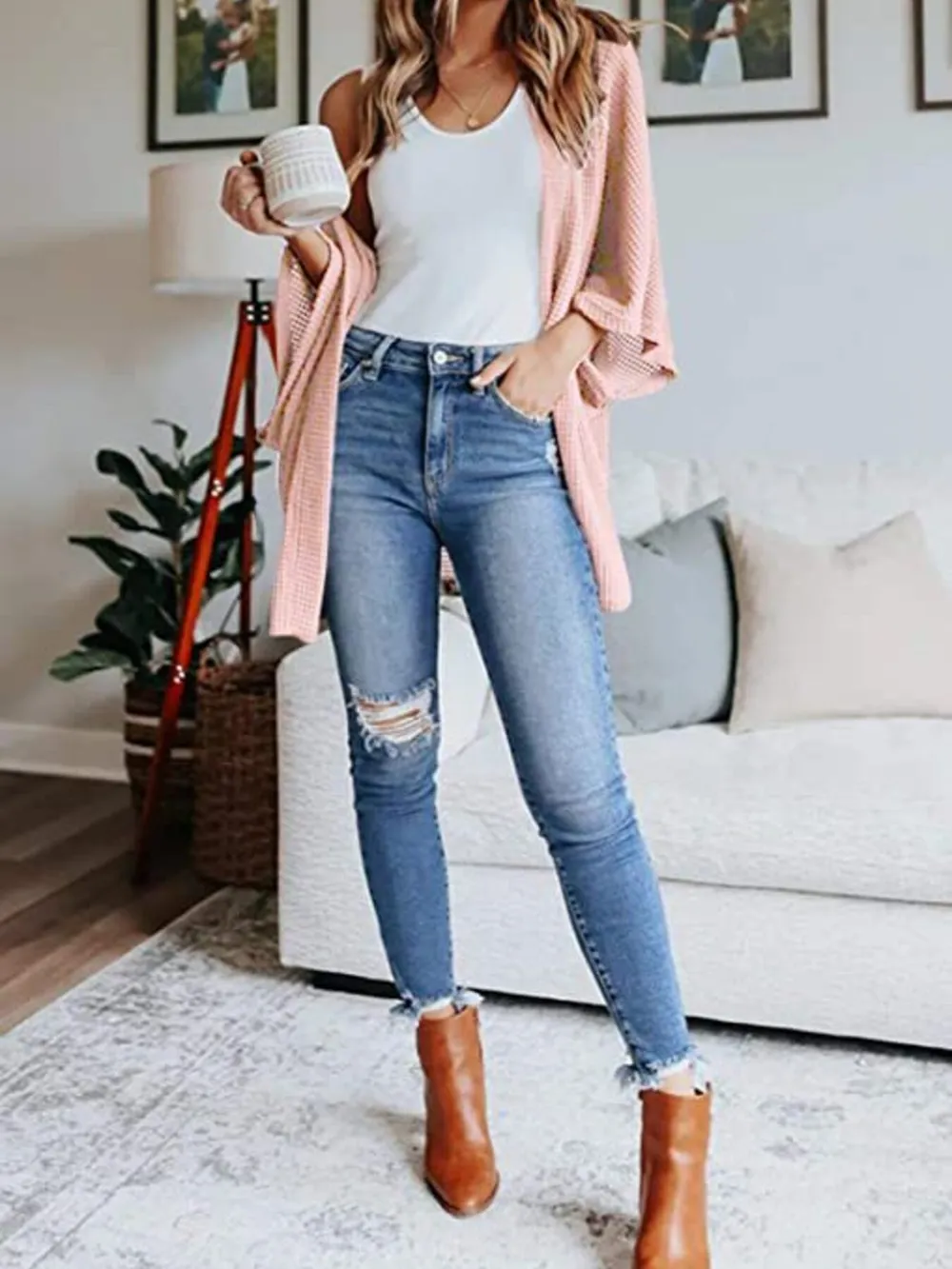 Full Size Open Front Waffle Knit Cardigan Plus Size, image 23