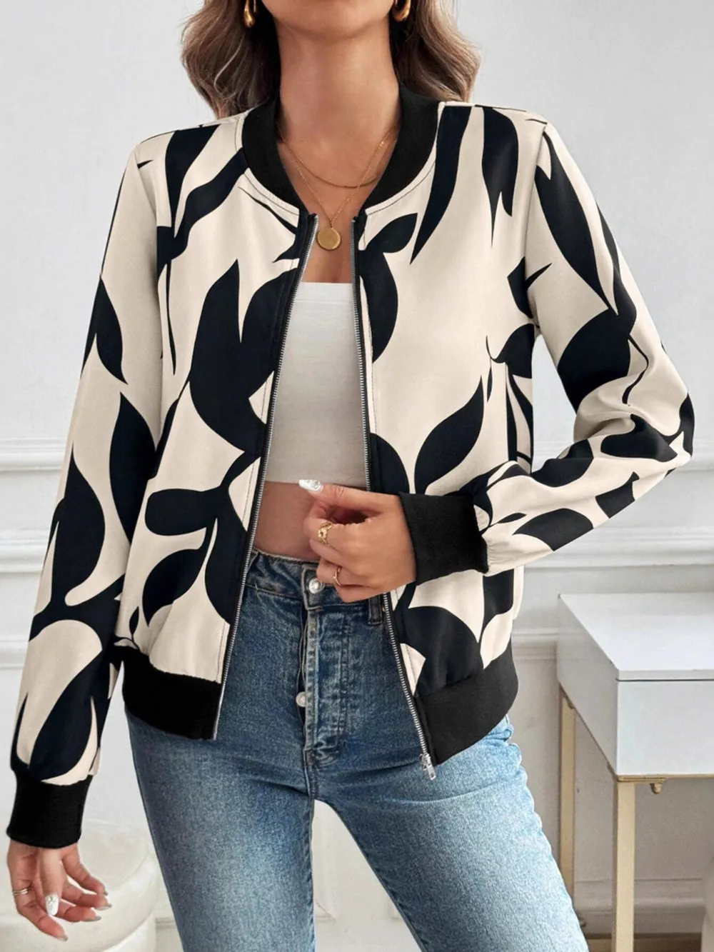 Printed Zip Up Long Sleeve Jacket, image 3