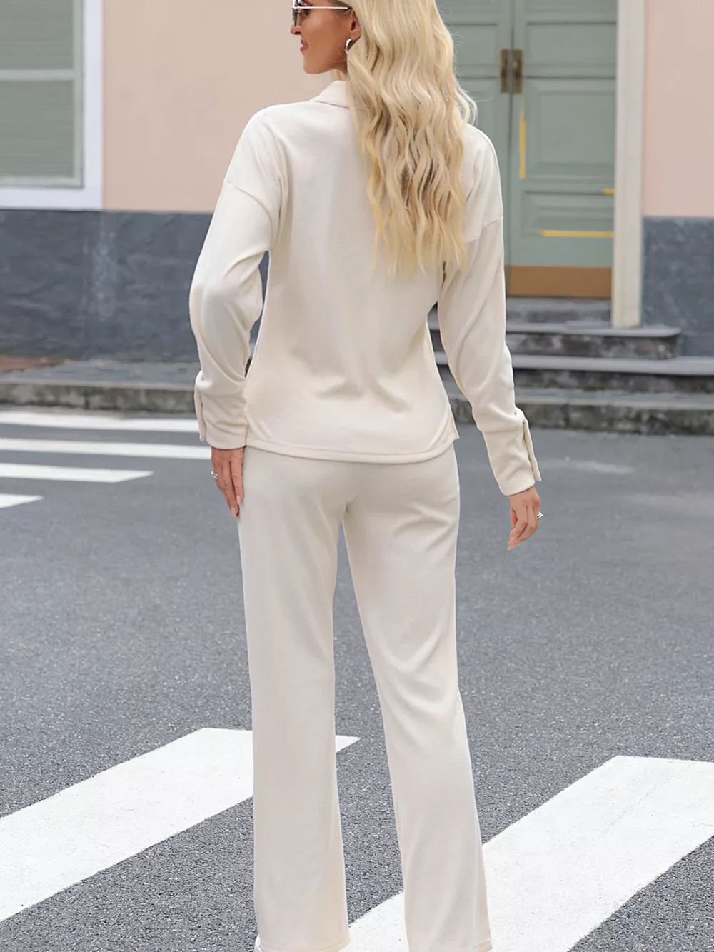 Collared Split Neck Ribbed 2pcs Outfit Set, image 5