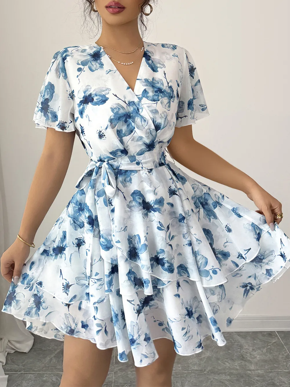 Printed Surplice Layered Mini Dress, image 3