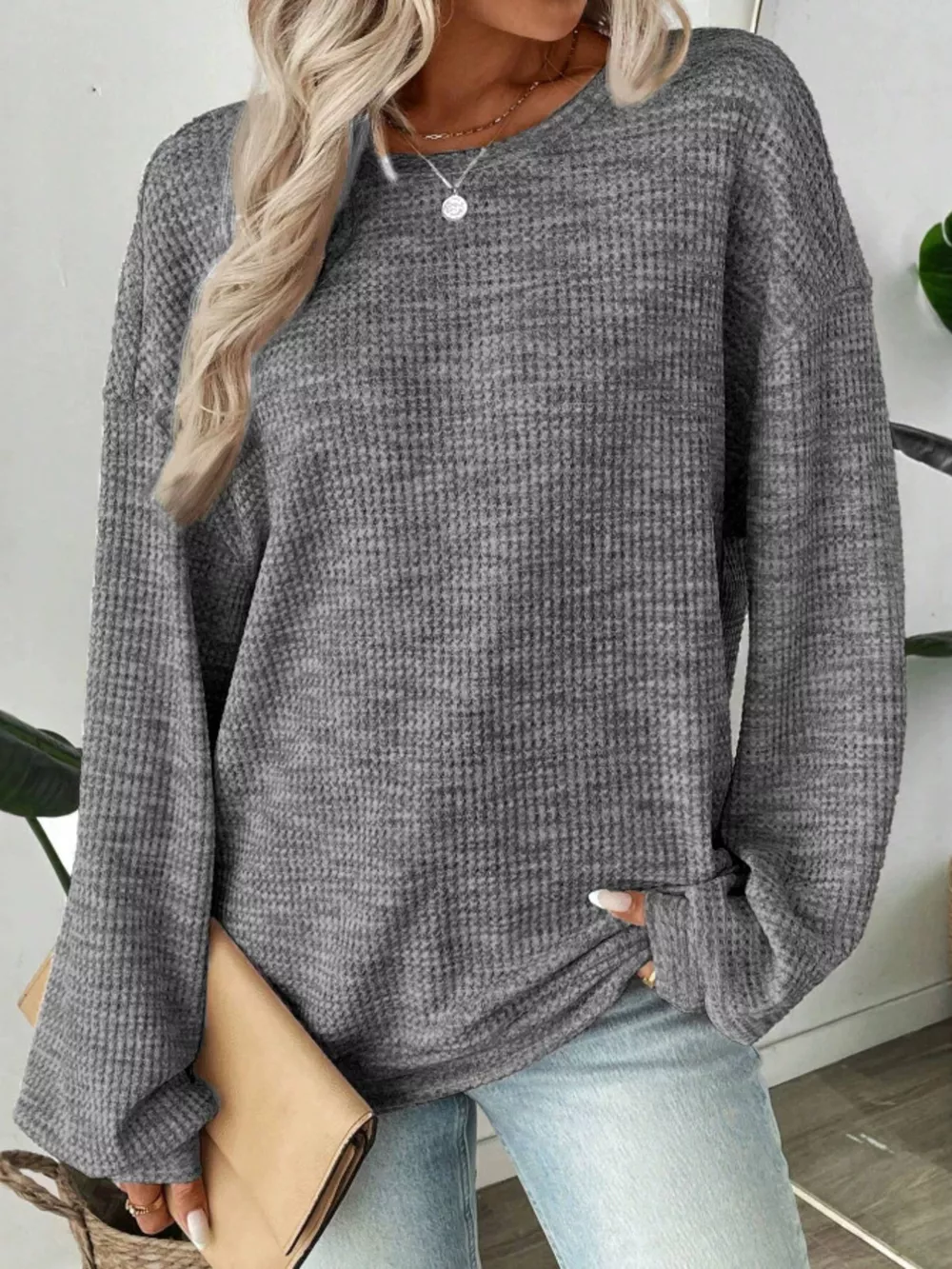 Space-Dyed Long Sleeve Waffle-Knit Top, image 12