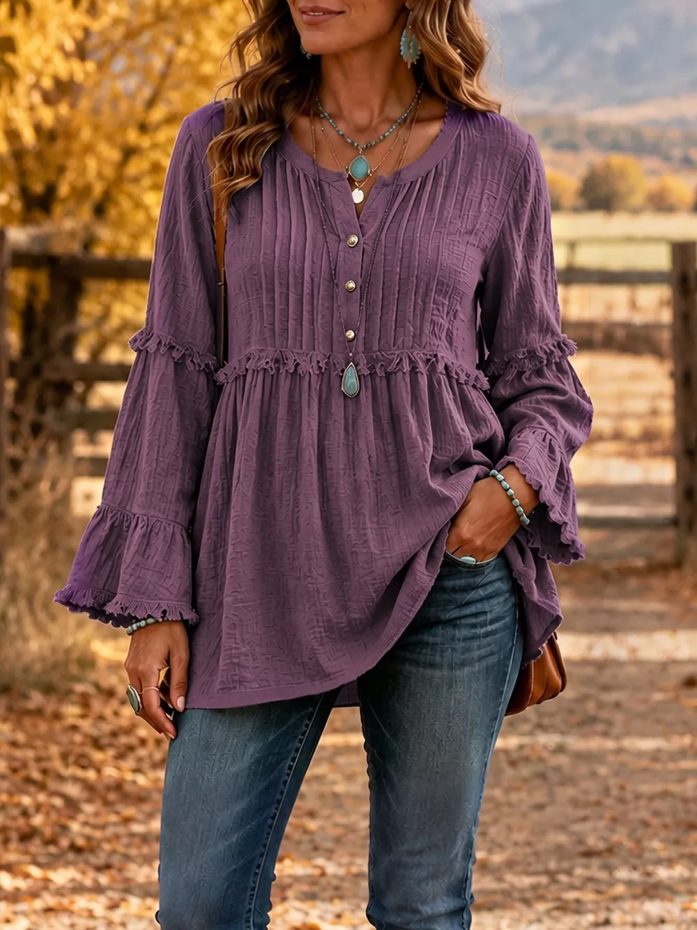 Full Size Fringe Trim Ruffle Sleeve Blouse Plus Size, image 2