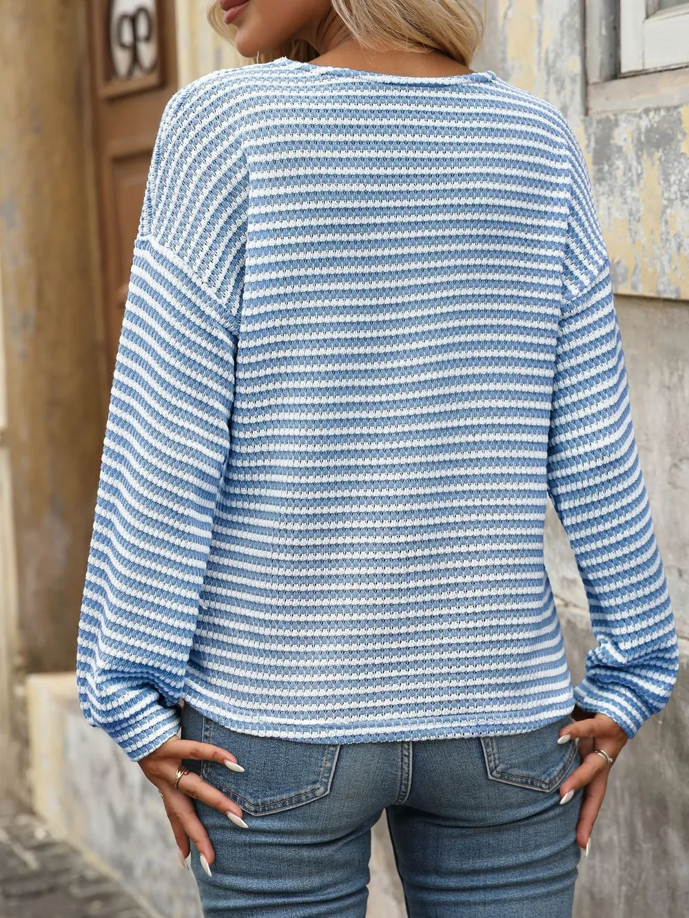 Striped V-Neck Button Front Casual Top, image 3