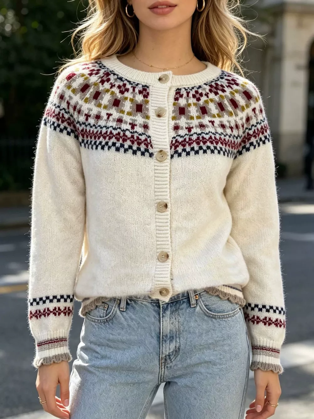 Fair Isle Patterned Button-Down Knit Cardigan, image 2