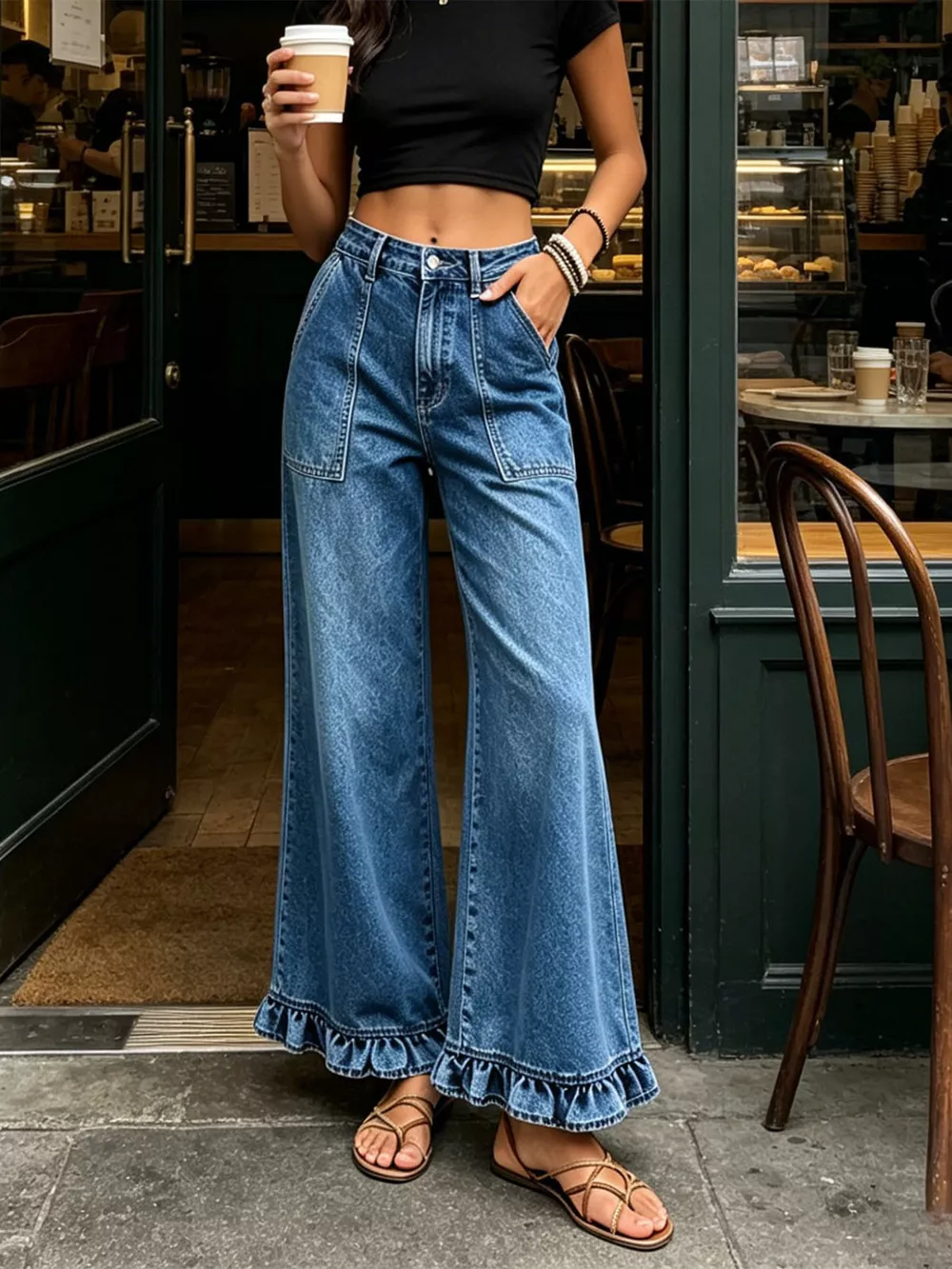 High-Waisted Wide-Leg Ruffle Hem Jeans, image 6