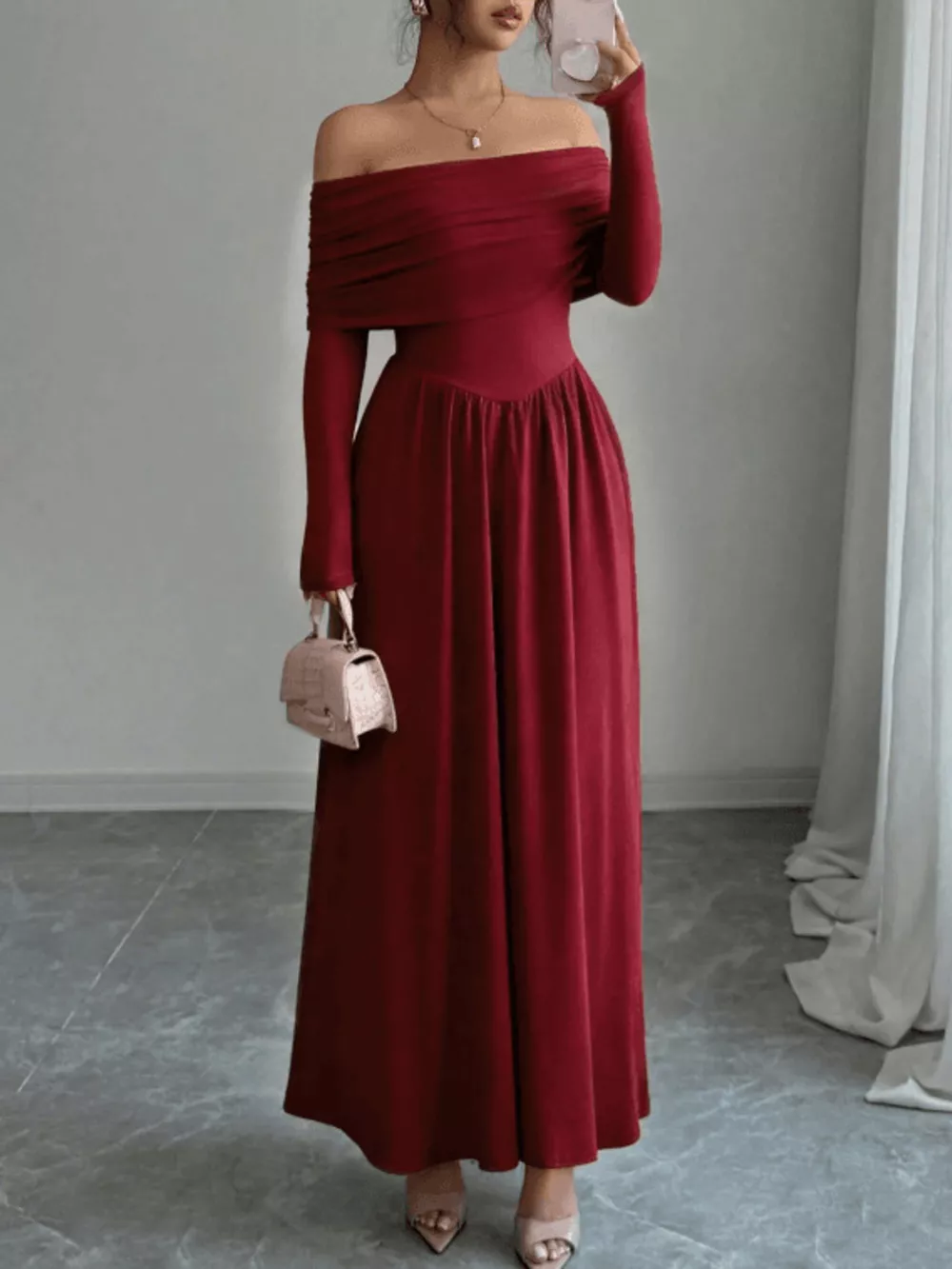 Off-Shoulder Long Sleeve Maxi Dress, image 2