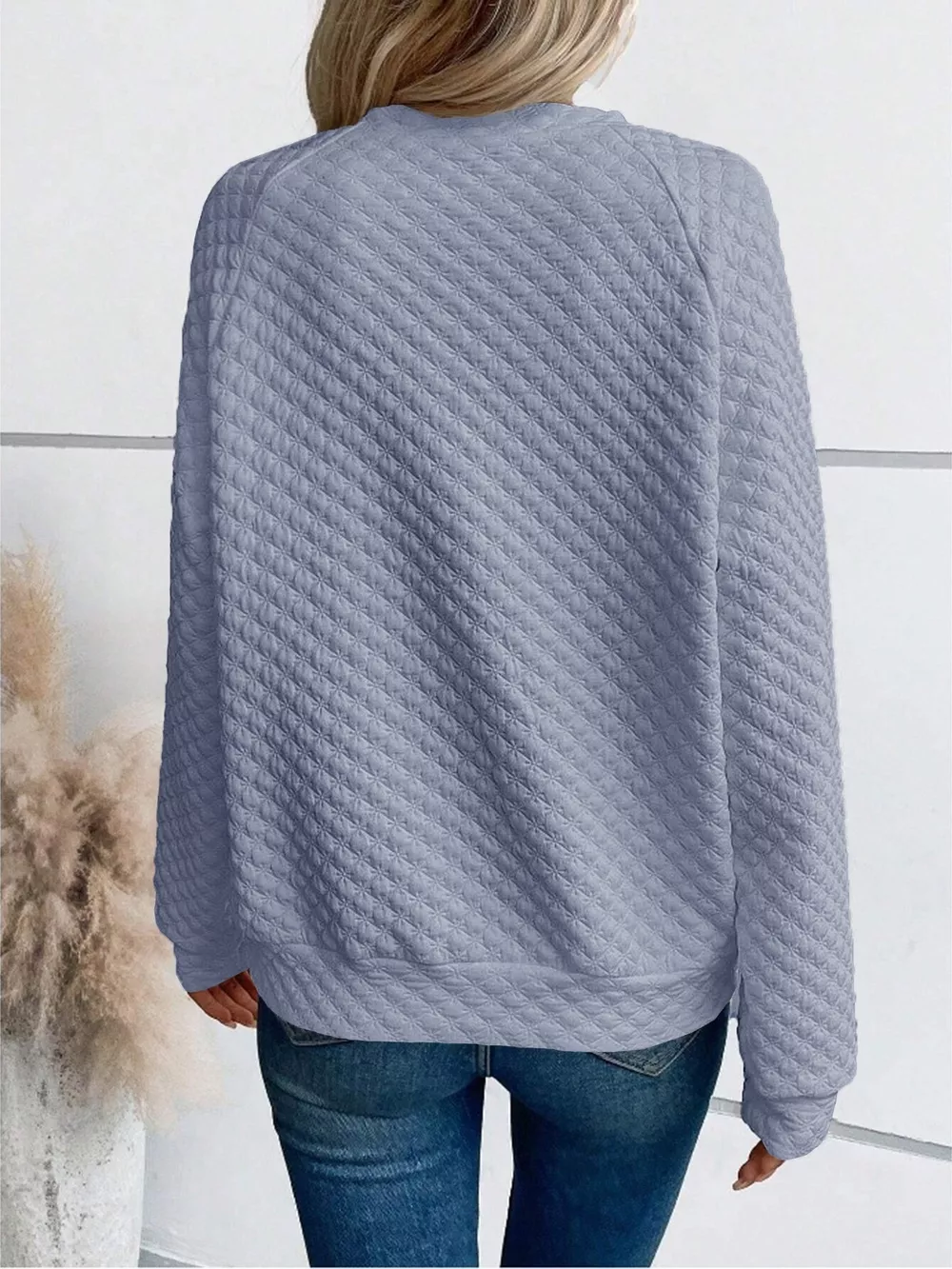 Quilted Texture Long Sleeve Sweatshirt with Notched Neck, image 18