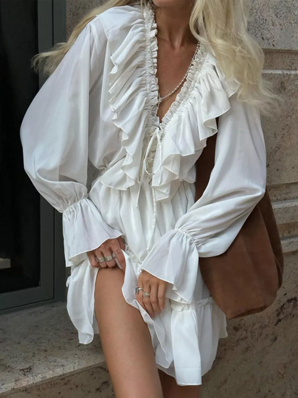 Ruffled V-Neck Long Sleeve Mini Dress