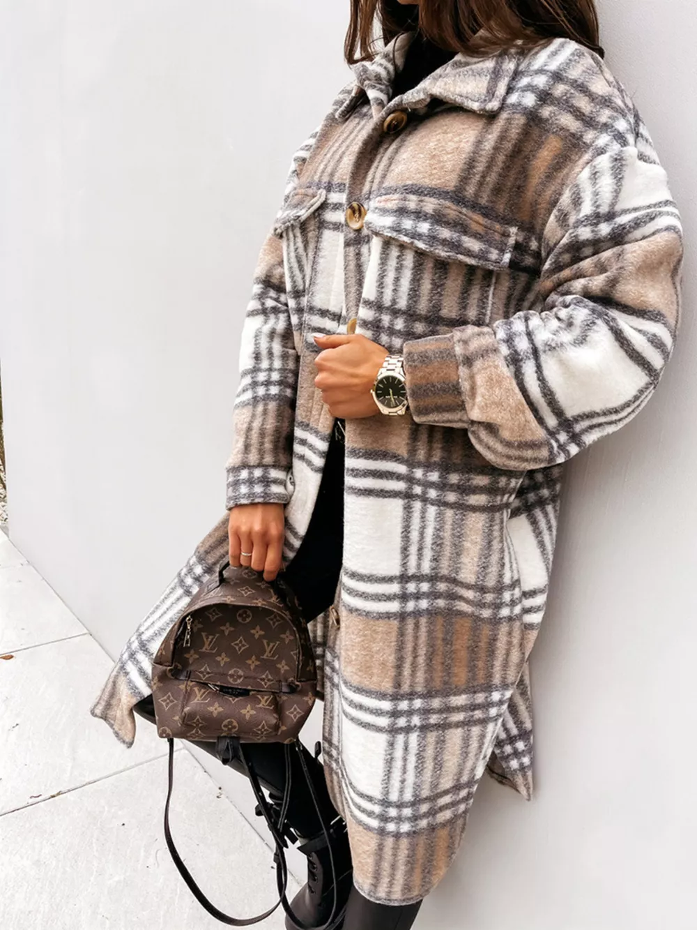 Longline Plaid Button Up Coat, image 14
