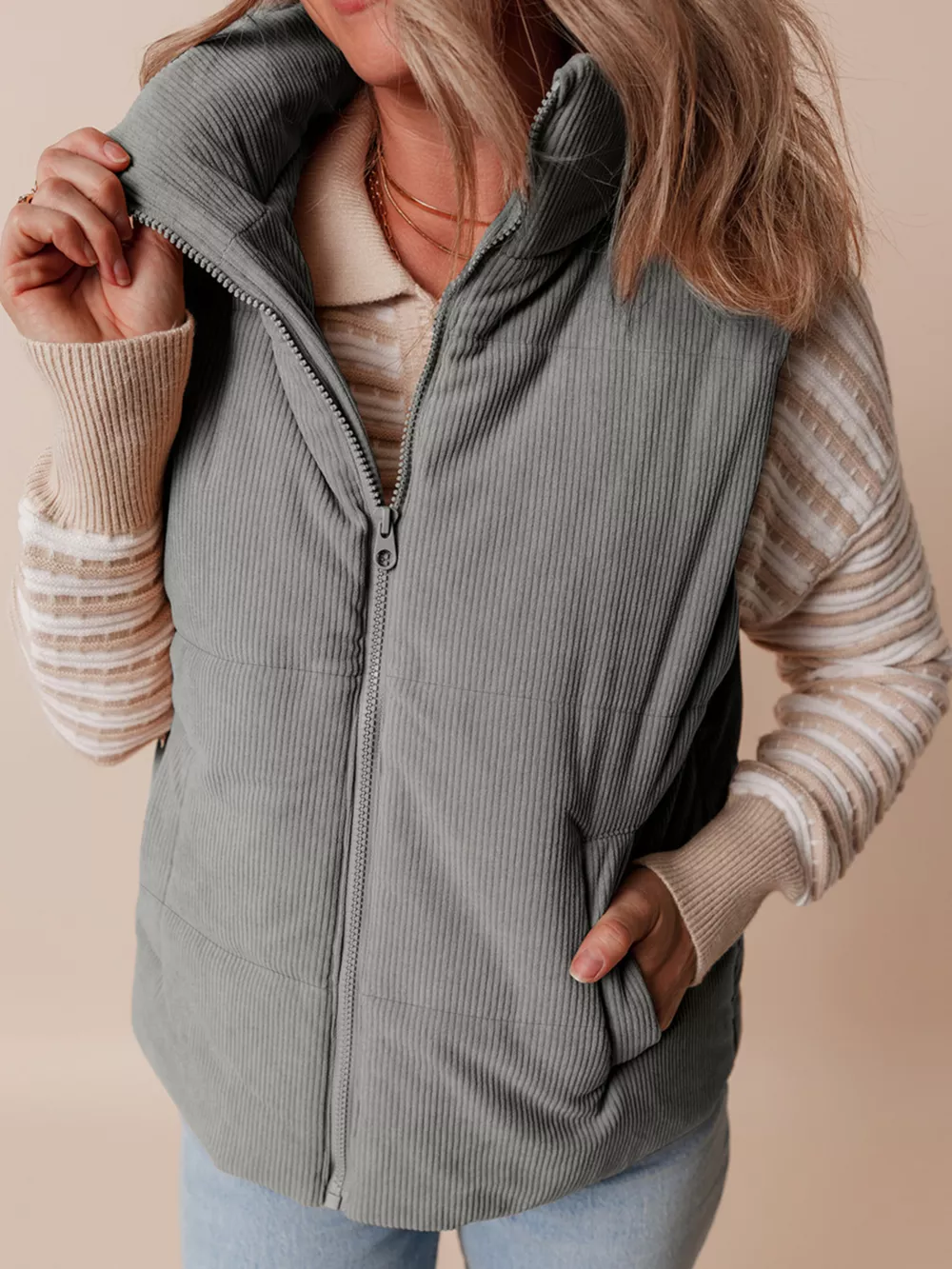 Corduroy Stand Neck Zipped Puffer Vest, image 12