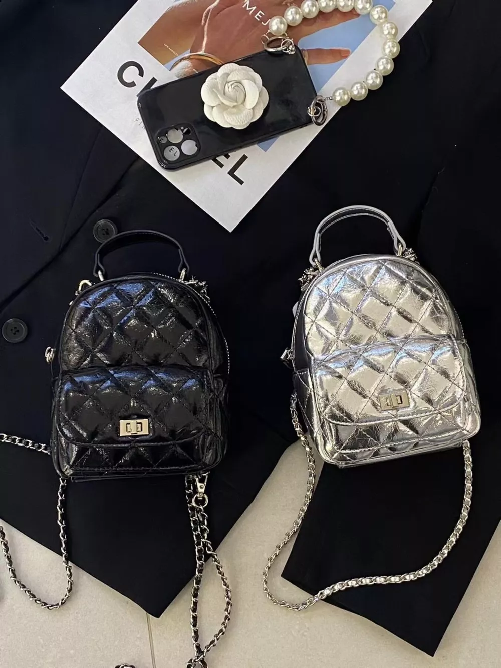 Quilted Metallic and Patent Mini Backpack Bag with Chain Strap, image 3