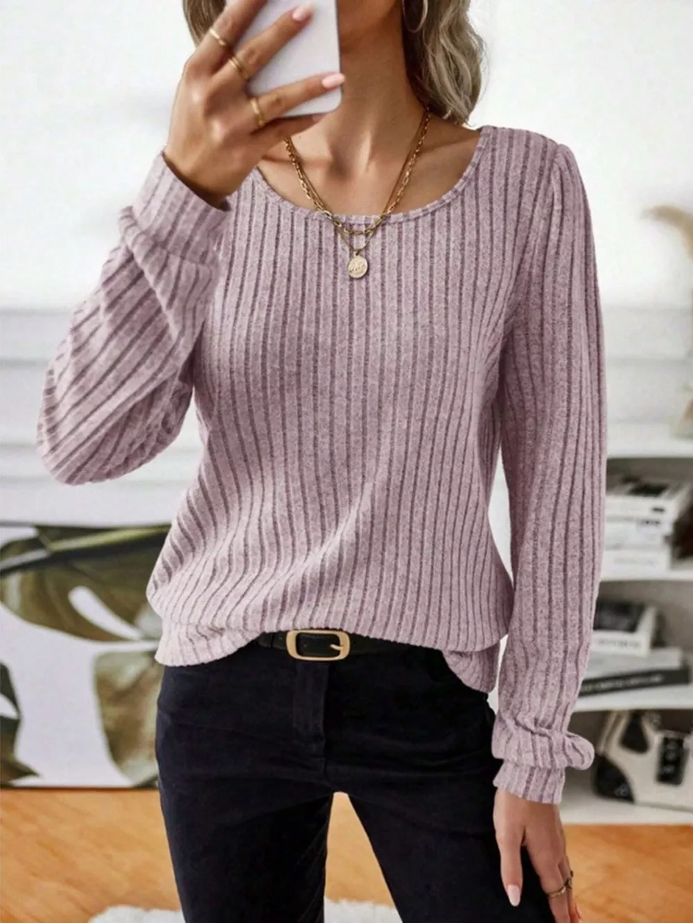 Ribbed Knit Long Sleeve T-Shirt, image 18