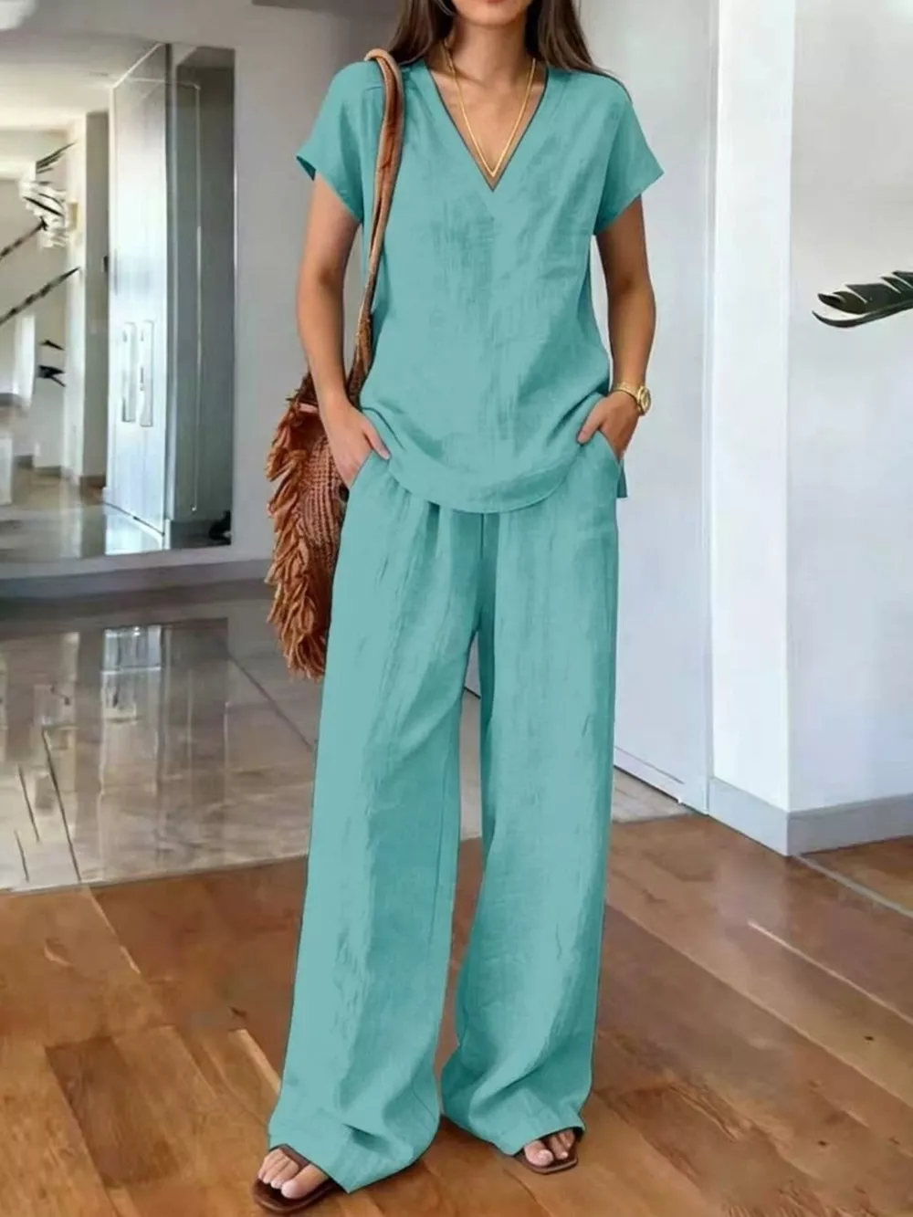 Full Size V-Neck Short Sleeve Top and Pants Set Plus Size, image 8