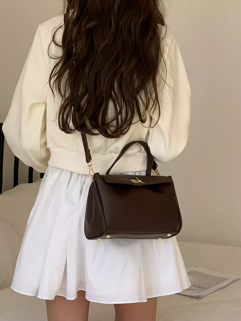 Golden Clasp Leather Crossbody Bag, image 15