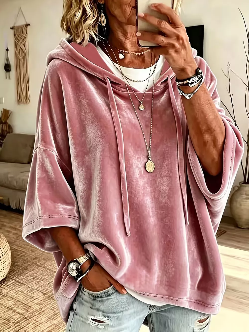 Velvet Loose Fit Hoodie with Drawstring, image 8