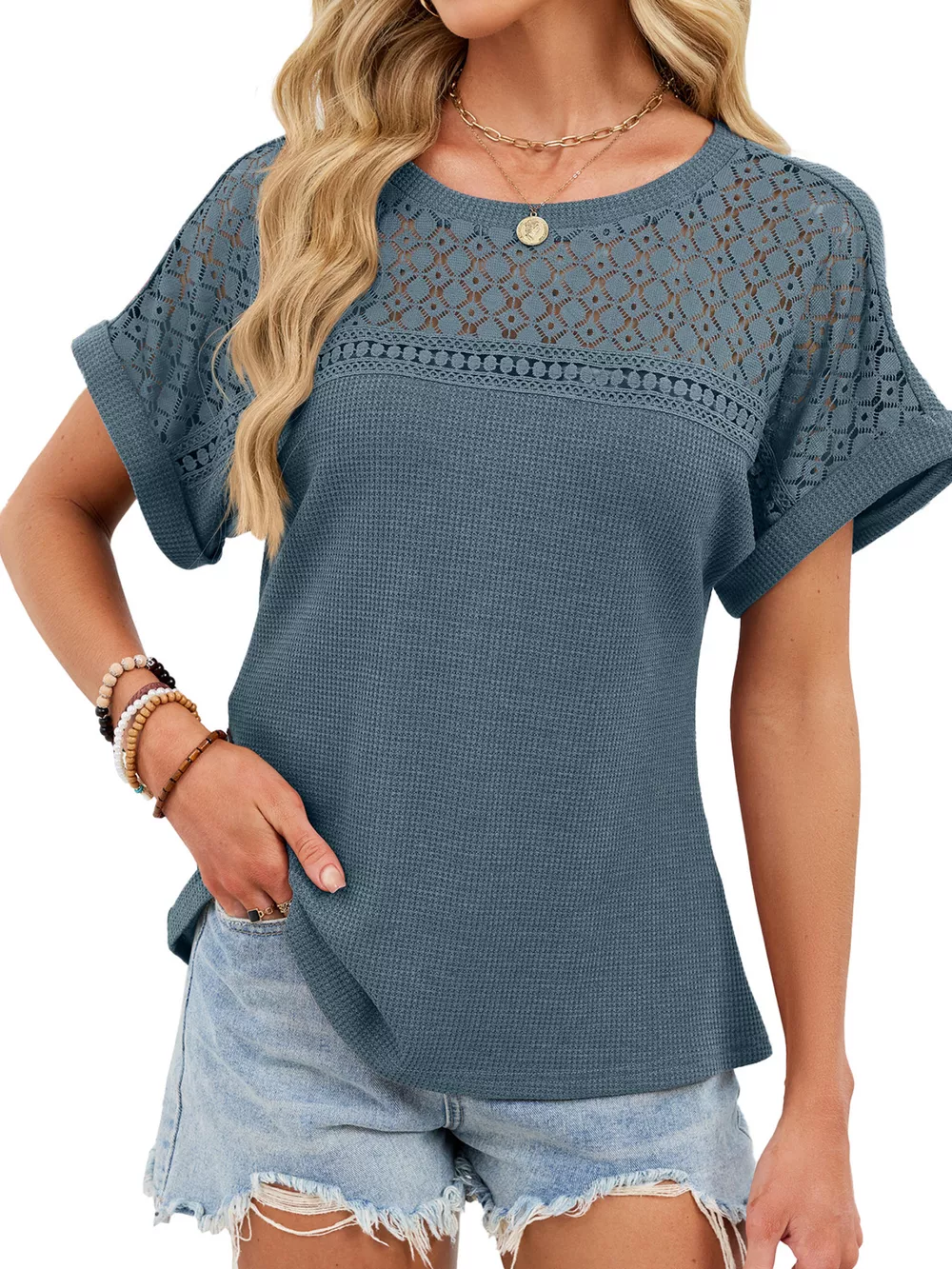 Lace-Trimmed Round Neck T-Shirt, image 2