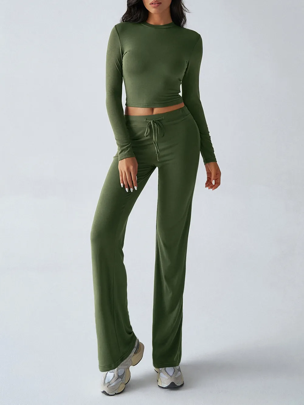 Round Neck Long Sleeve Top and Pants Set, image 2