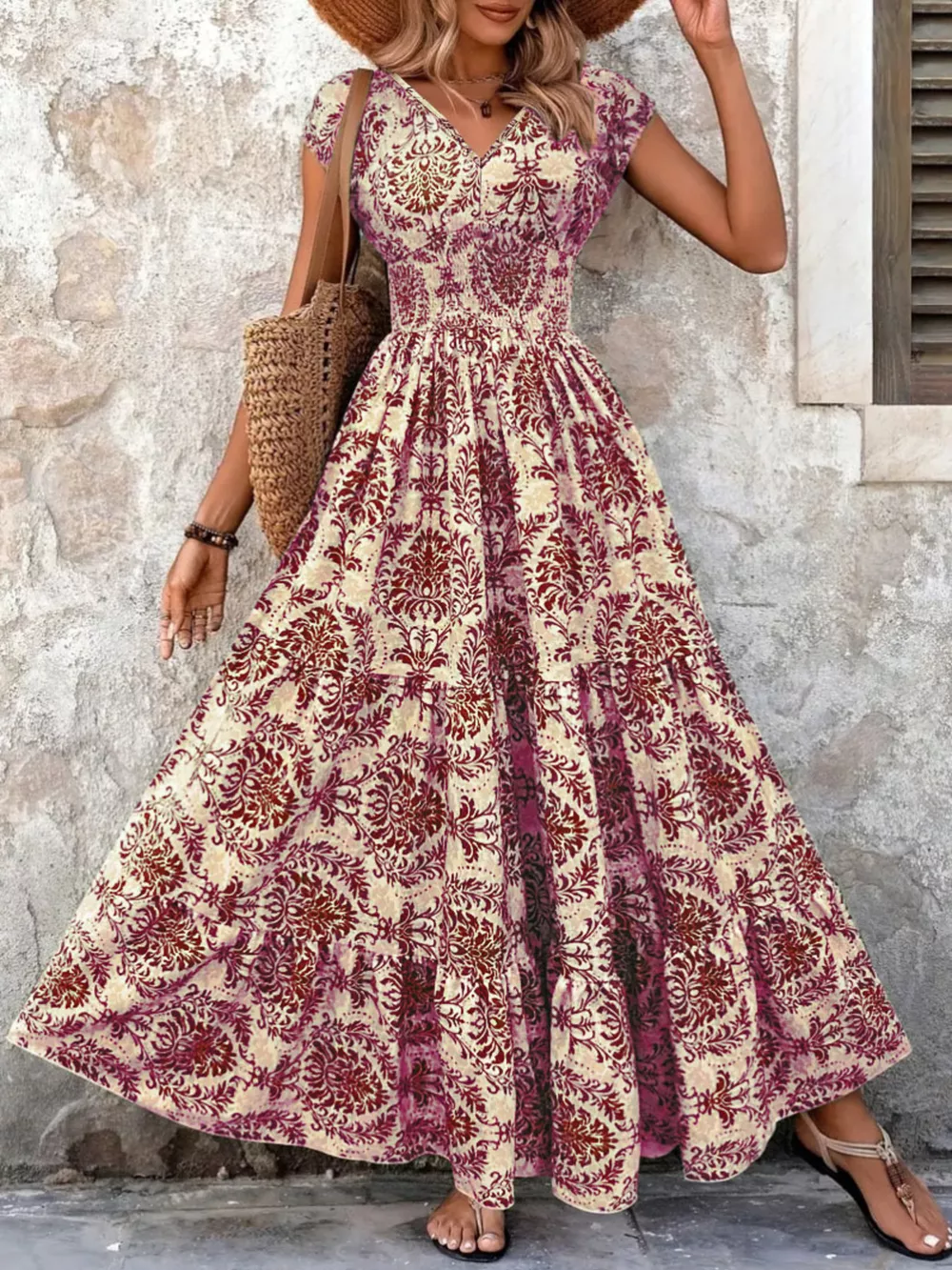 Full Size Printed V-Neck Tiered Maxi Dress Plus Size, image 11