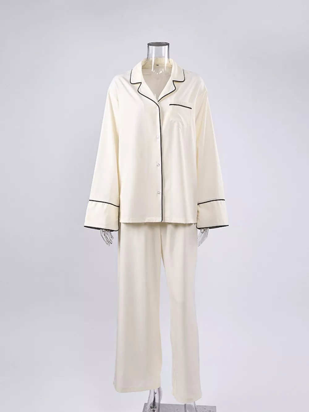 Contrast Trim Button Up Top and Pants Lounge Set, image 3