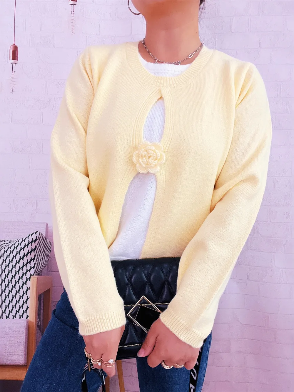 Flower Contrast Round Neck Sweater, image 13
