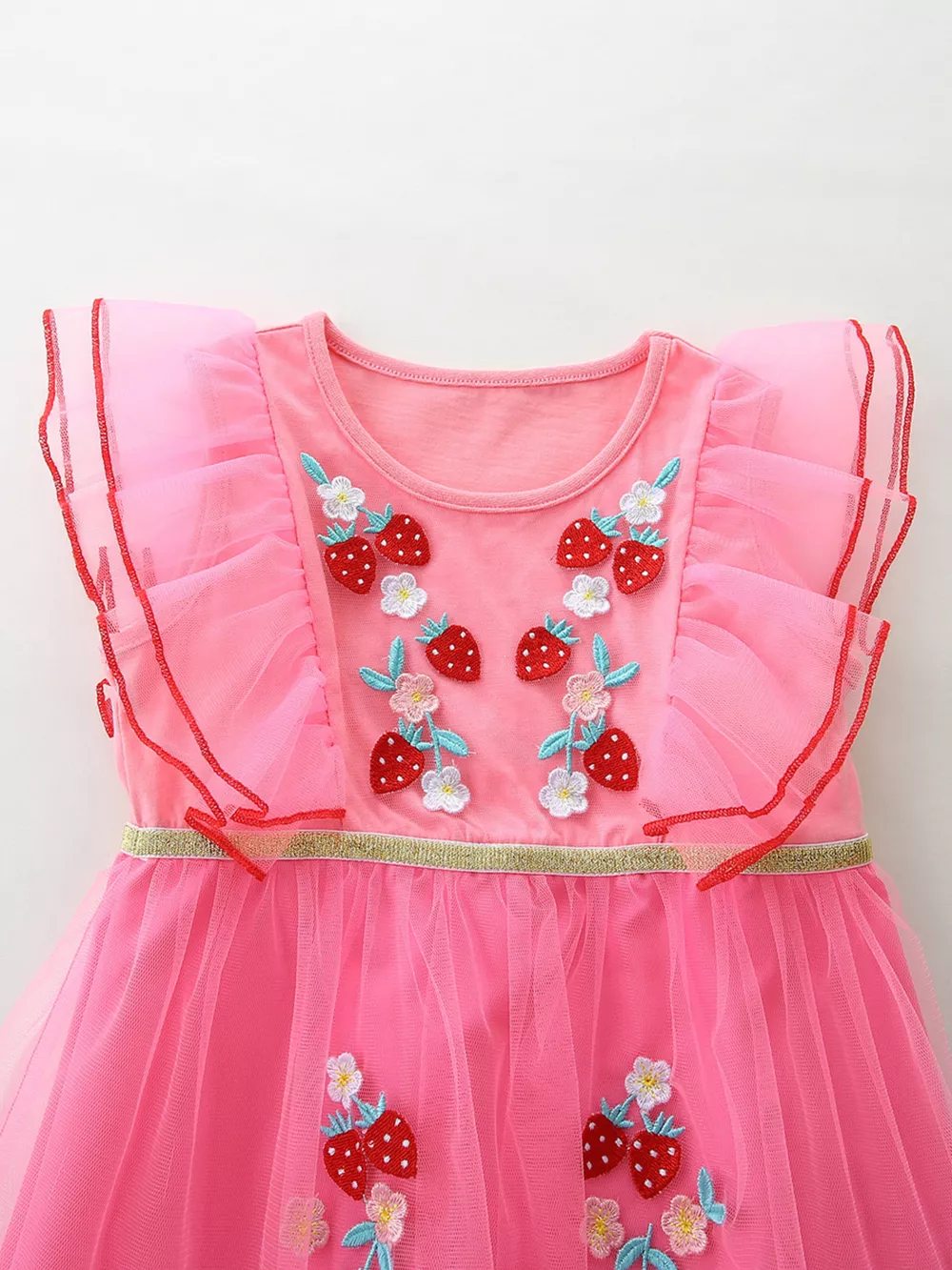 Children's Strawberry Embroidered Ruffle Sleeve Tulle Dress, image 3