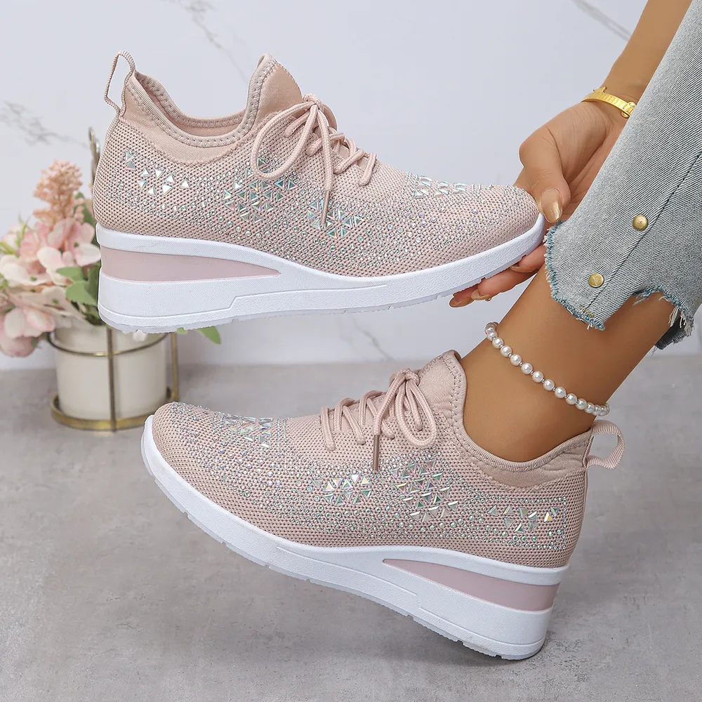 Breathable Mesh Rhinestone Wedge Athletic Sneakers, image 7