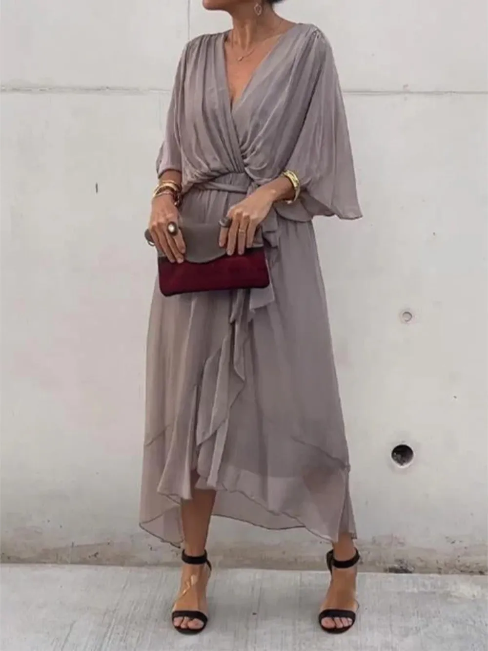Full Size Flowy Tie Front Midi Dress with Flutter Sleeves Plus Size, image 19