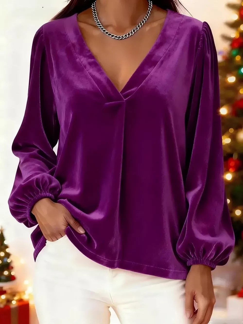 Full Size Velvet V-Neck Balloon Sleeve Blouse Plus Size, image 2