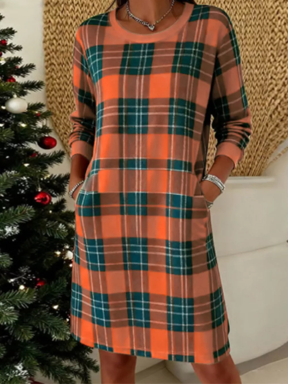 Full Size Plaid Long Sleeve Crew Neck Dress with Pockets Plus Size, image 5