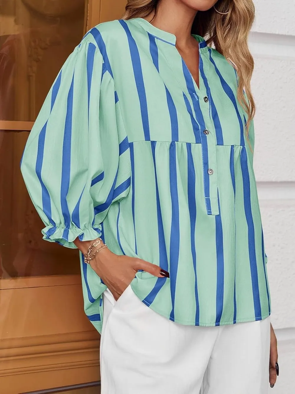Striped Button Front Notched Blouse, image 12