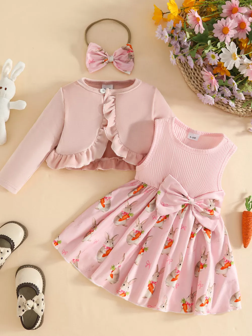 Children's Ruffled Cardigan and Bow Dress Set with Headband, image 9