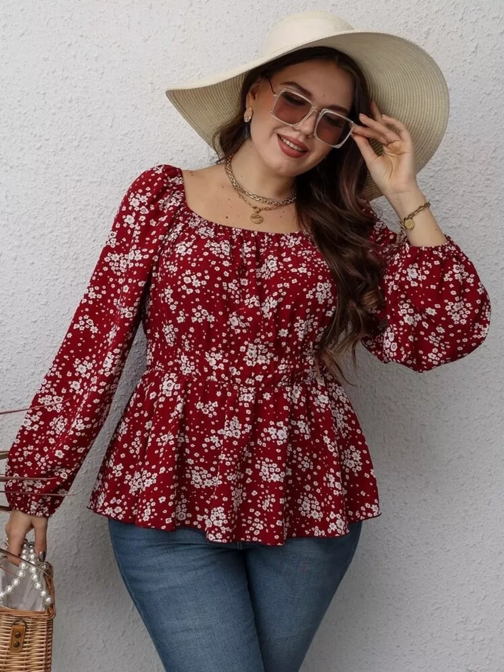 Floral Print Square Neck Long Sleeve Peplum Blouse, image 3