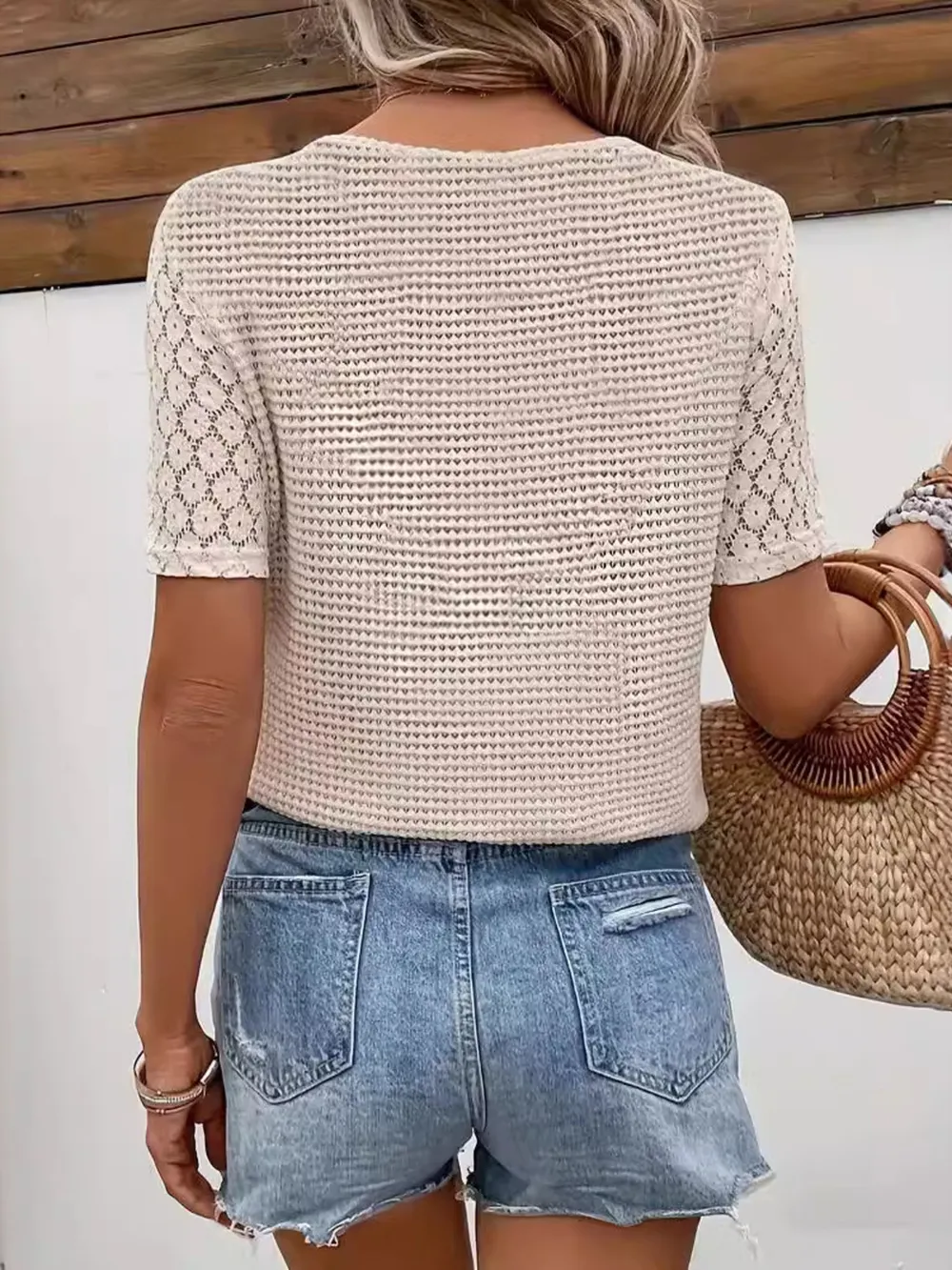 Lace Sleeve V-neck Waffle Knit Top, image 2