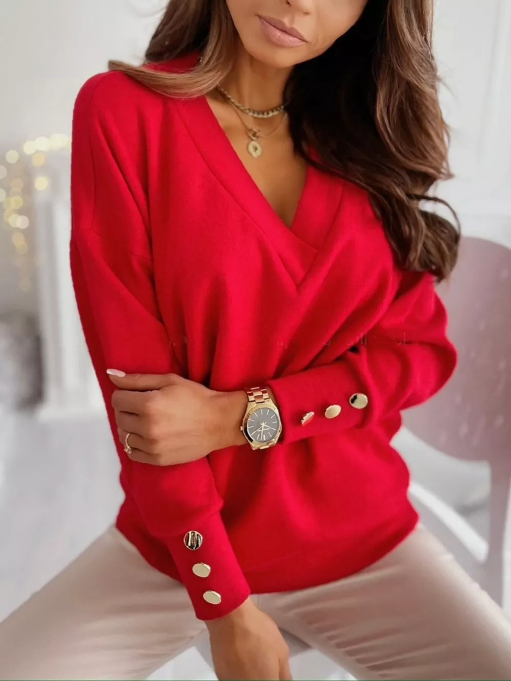 V-Neck Button Cuff Top, image 6