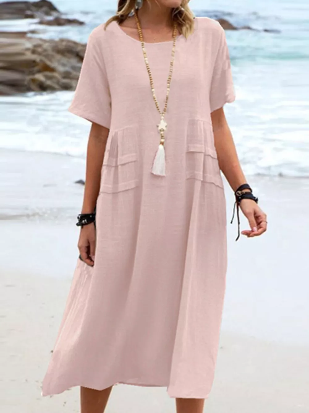 Full Size Casual Linen Blend Midi Dress Plus Size, image 15