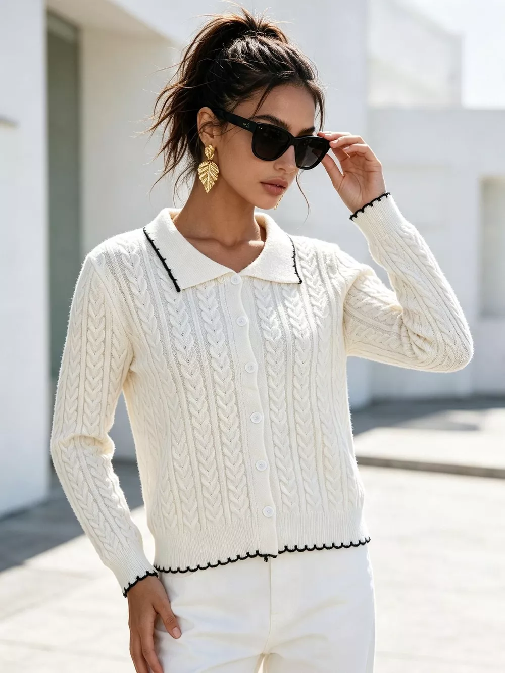 Cable Knit Polo Collar Button-Up Cardigan, image 7