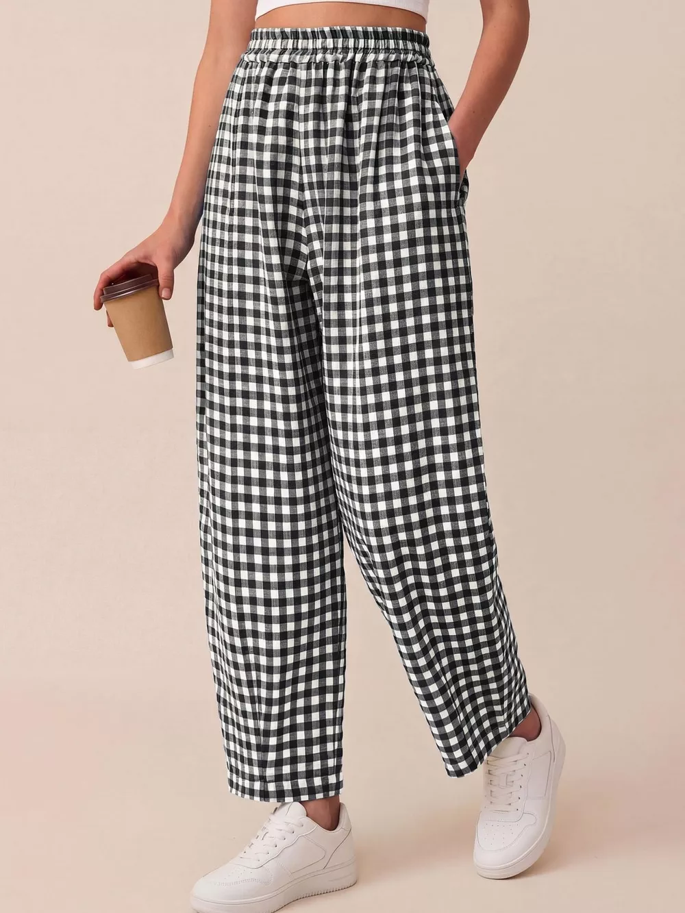 Gingham Wide-Leg Casual Pants, image 2