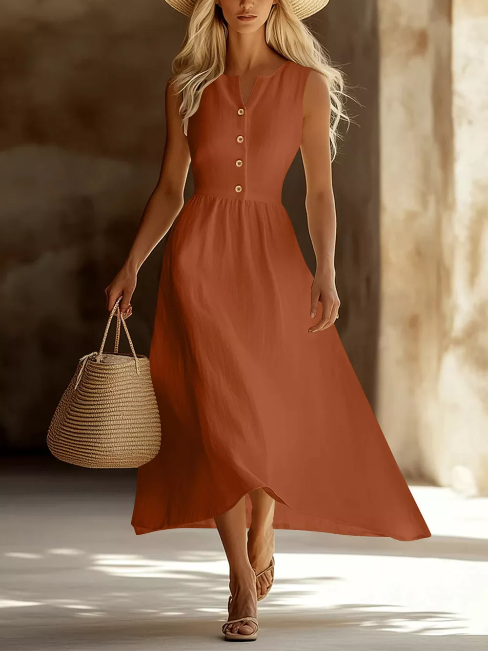 Sleeveless Button Front Flowy Midi Dress, image 15