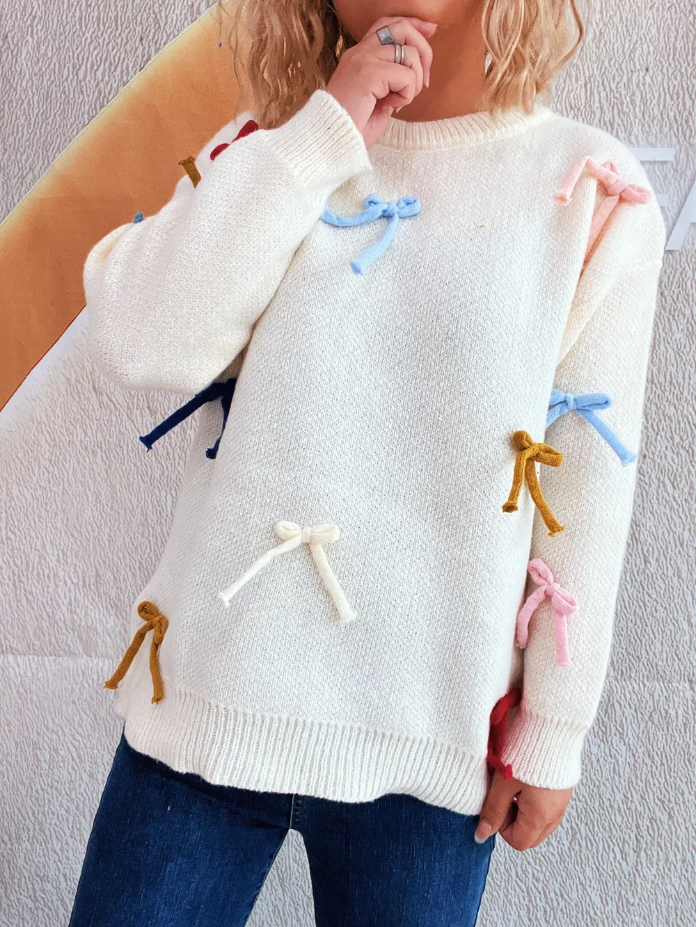 Colorful Bow Round Neck Sweater, image 23