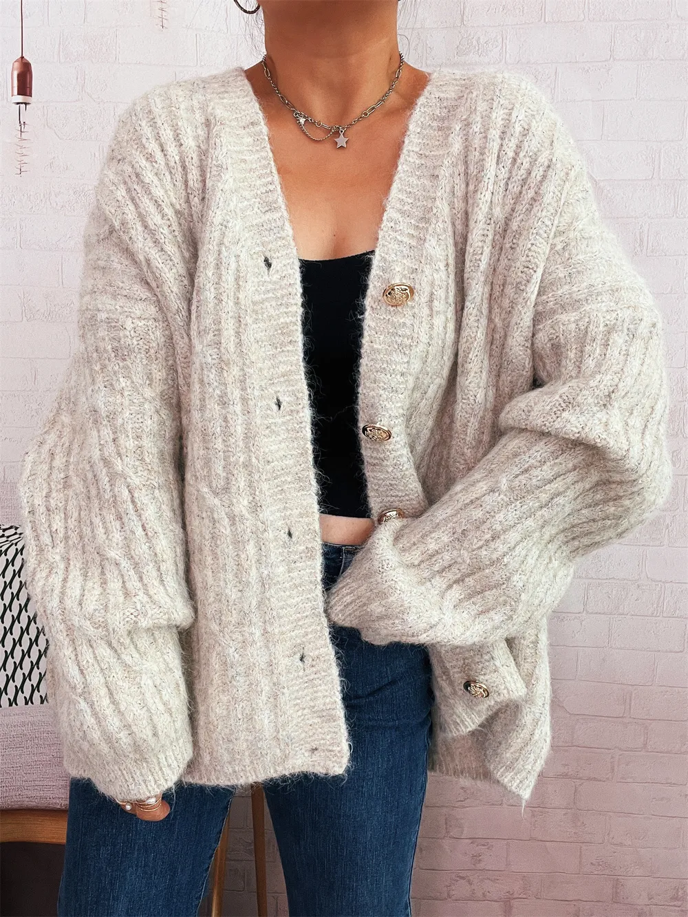 Cable Knit Button-Up Cardigan, image 5