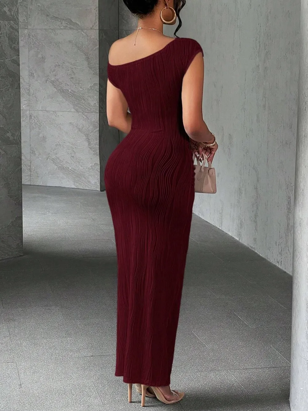 Textured Single Shoulder Bodycon Maxi Dress, image 9