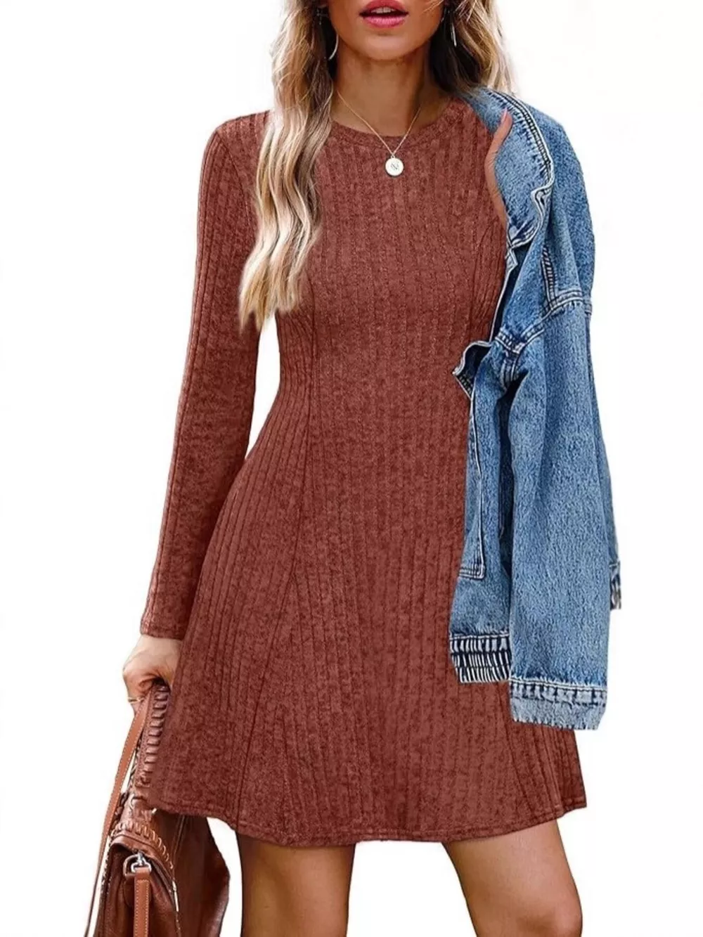 Ribbed Knit Long Sleeve A-Line Dress, image 2