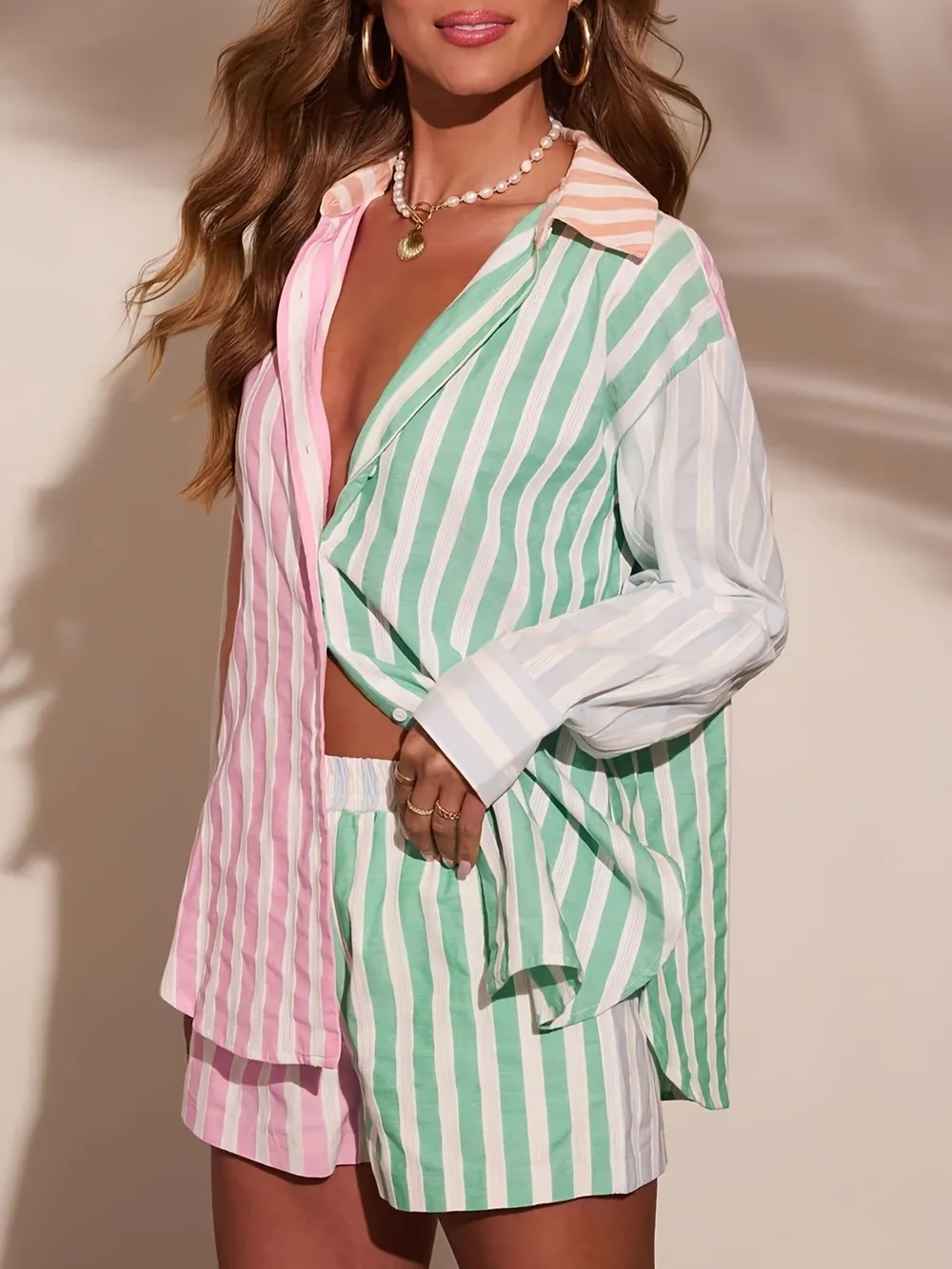 Striped Button Up Shirt and Shorts Set, image 3
