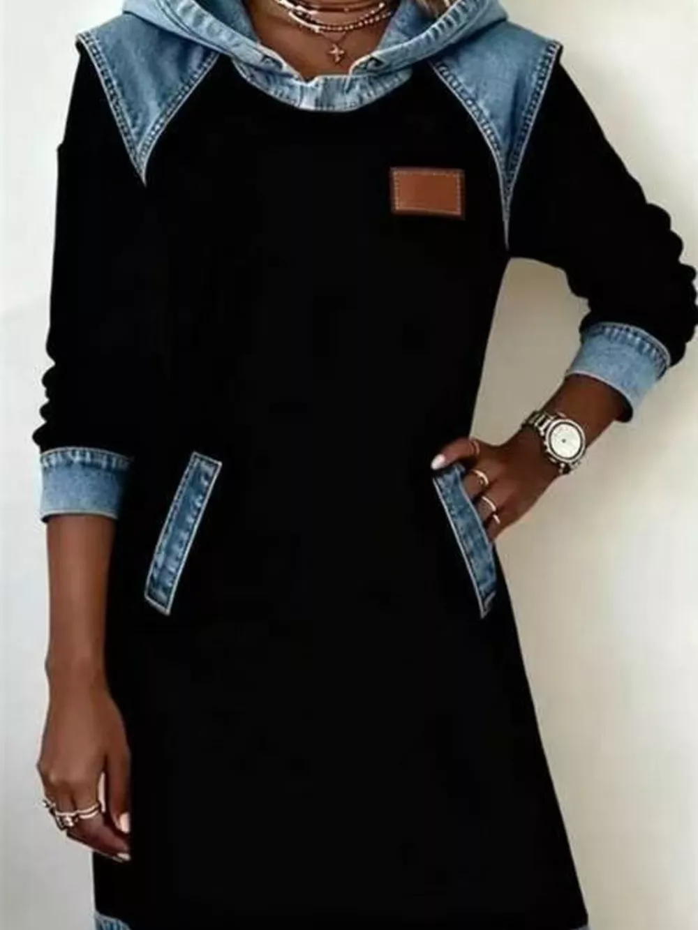 Full Size Denim Patchwork Hooded Sweatshirt Dress Plus Size, image 4